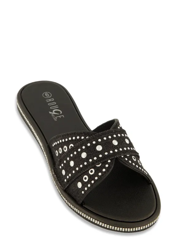 Studded Frayed Hem Slide Sandals sold by Rainbow