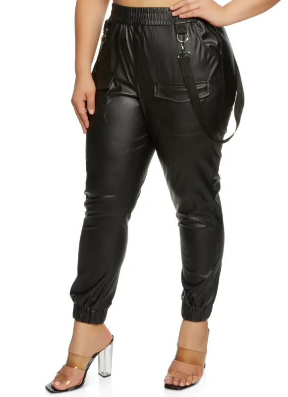 Plus Size Faux Leather Suspender Joggers sold by Rainbow