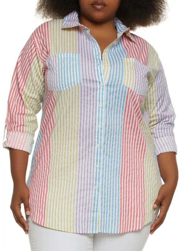 Plus Size Rainbow Striped High Low Shirt sold by Rainbow