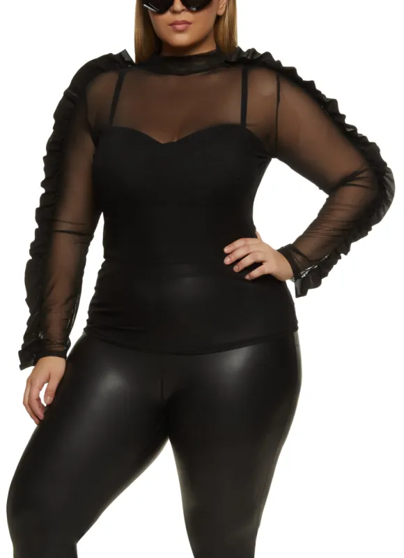 Plus Size Mesh Faux Leather Trim Mock Neck Top sold by Rainbow