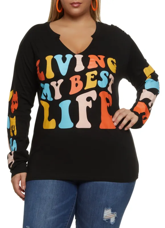 Plus Size Living My Best Life Notch Neck Tee sold by Rainbow