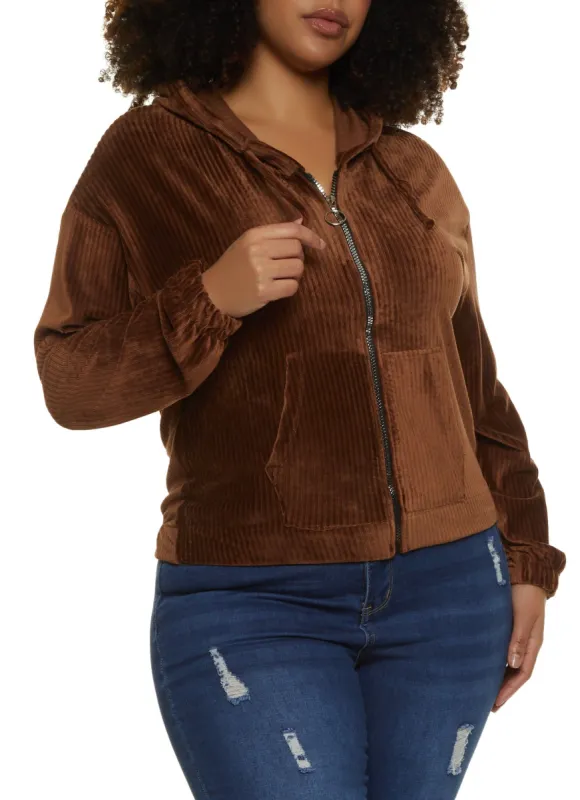 Plus Size Velour Ribbed Zip Front Hoodie sold by Rainbow