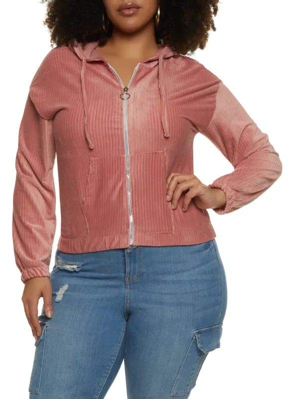 Plus Size Velour Ribbed Zip Front Hoodie sold by Rainbow