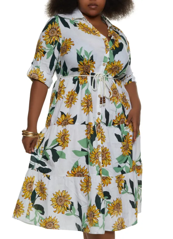 Plus Size Sunflower Print Tie Waist Tiered Dress sold by Rainbow