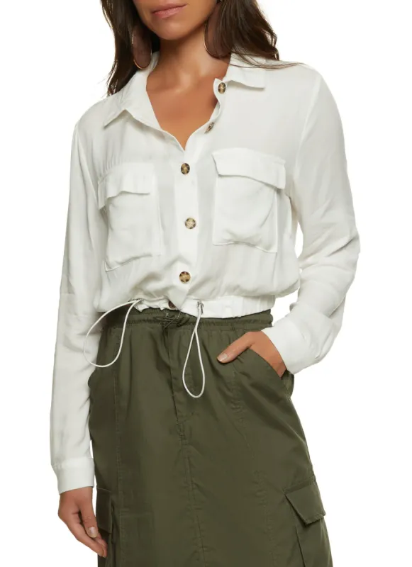 Drawstring Hem Button Front Cropped Shirt sold by Rainbow