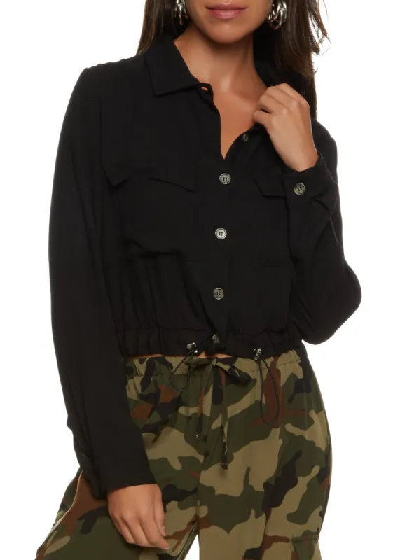 Drawstring Hem Button Front Cropped Shirt sold by Rainbow
