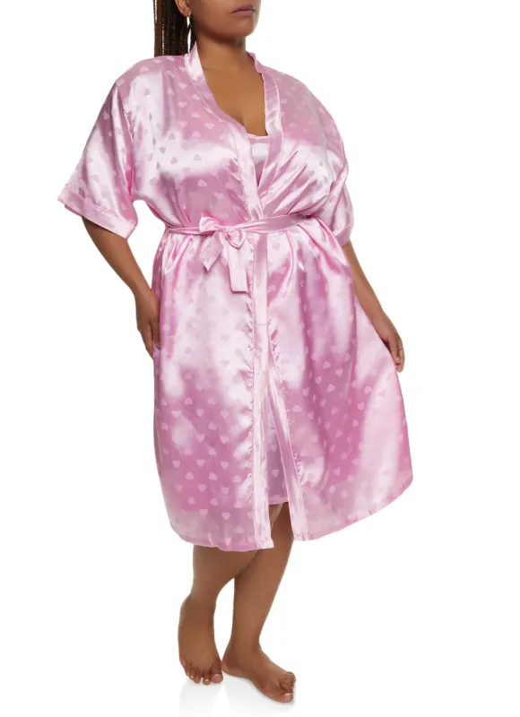 Plus Size Heart Print Satin Chemise with Robe sold by Rainbow