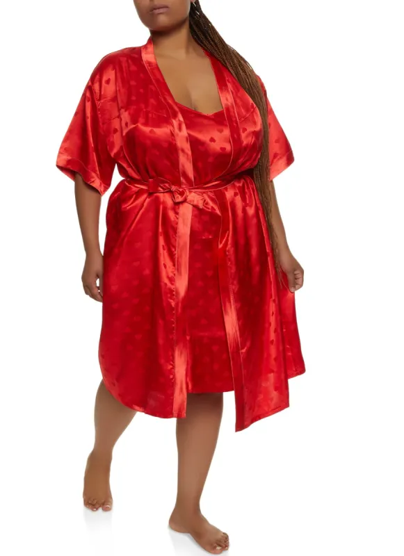 Plus Size Heart Print Satin Chemise with Robe sold by Rainbow