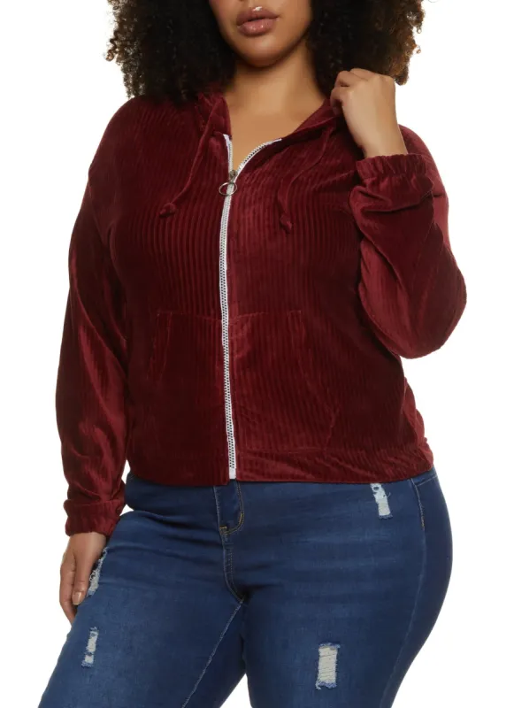 Plus Size Velour Ribbed Zip Front Hoodie sold by Rainbow