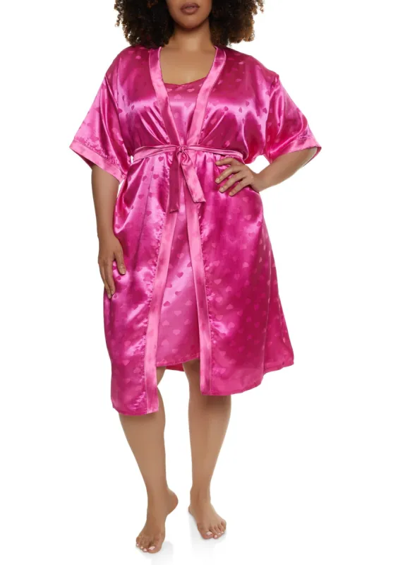 Plus Size Heart Print Satin Chemise with Robe sold by Rainbow