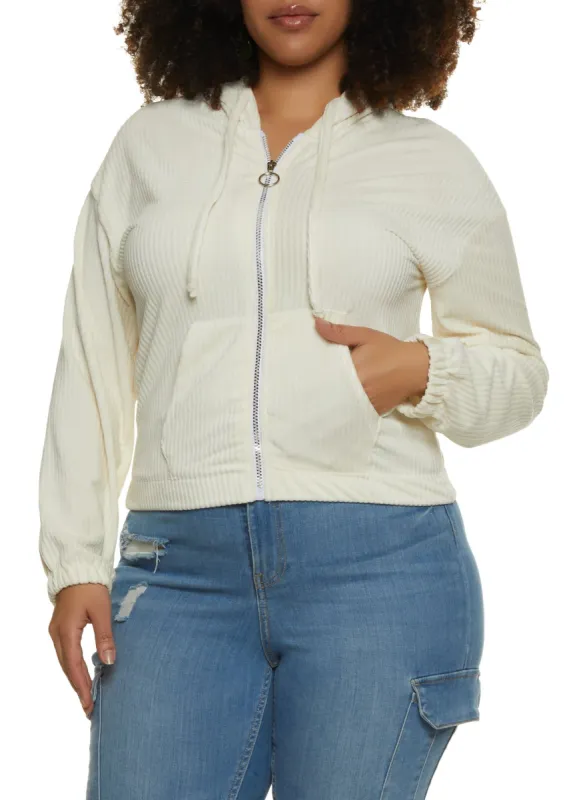 Plus Size Velour Ribbed Zip Front Hoodie sold by Rainbow