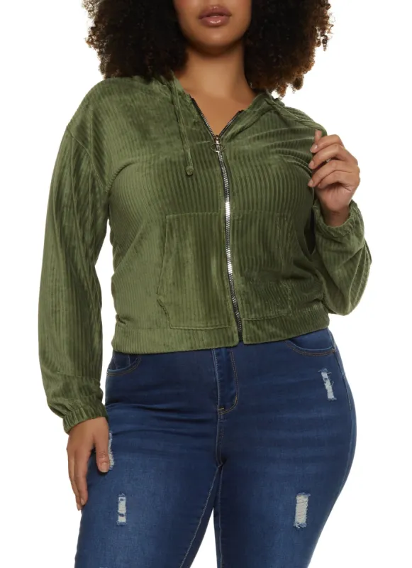 Plus Size Velour Ribbed Zip Front Hoodie sold by Rainbow
