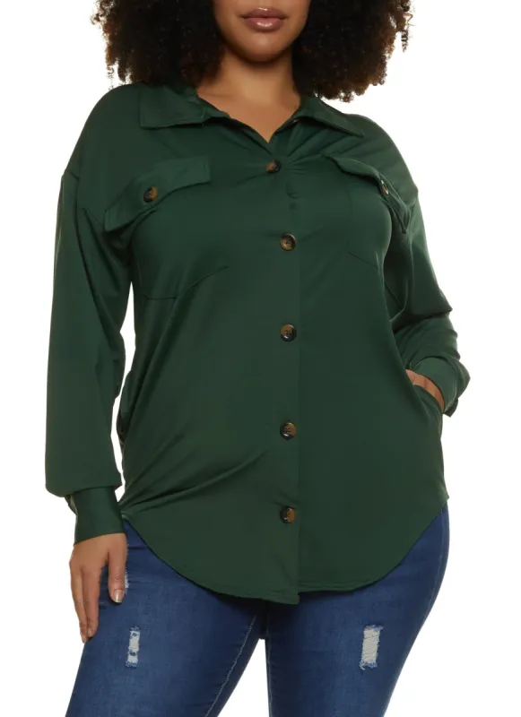 Plus Size Button Front Pocket Tunic Shirt sold by Rainbow