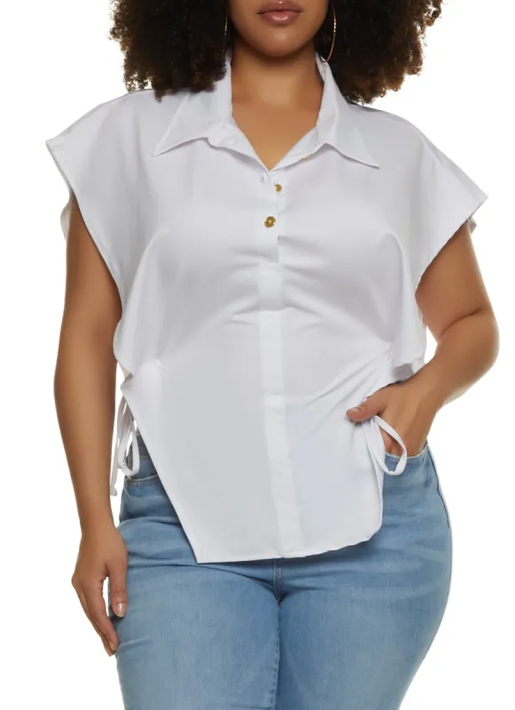 Plus Size Open Tie Side Half Button Top sold by Rainbow