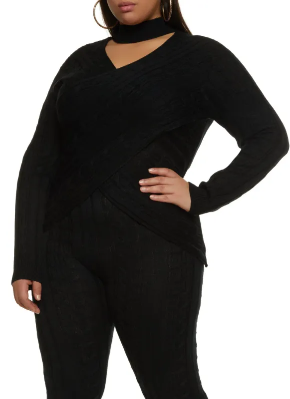Plus Size Cable Knit Cut Out Criss Cross Sweater sold by Rainbow