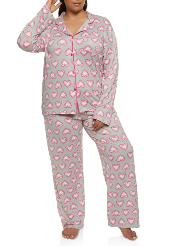 Plus Size Heart Printed Long Sleeve Pajama Shirt and Pants sold by Rainbow