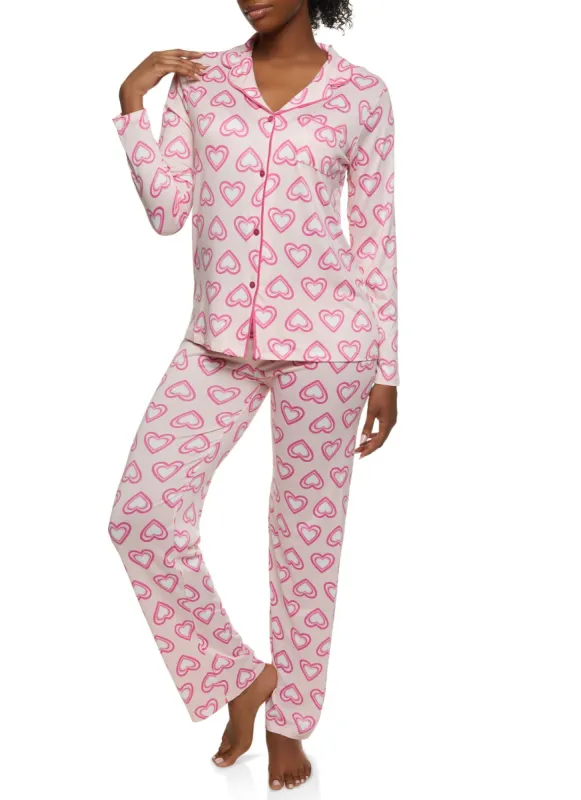 Heart Patterned Notch Collar Pajama Top and Pants sold by Rainbow
