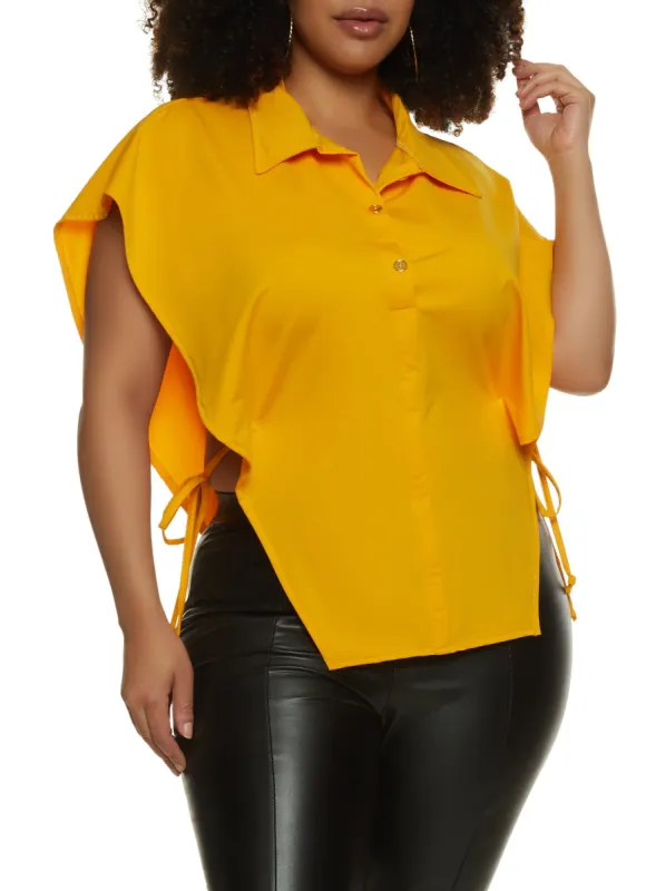 Plus Size Open Tie Side Half Button Top sold by Rainbow
