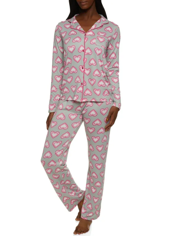 Heart Patterned Notch Collar Pajama Top and Pants sold by Rainbow
