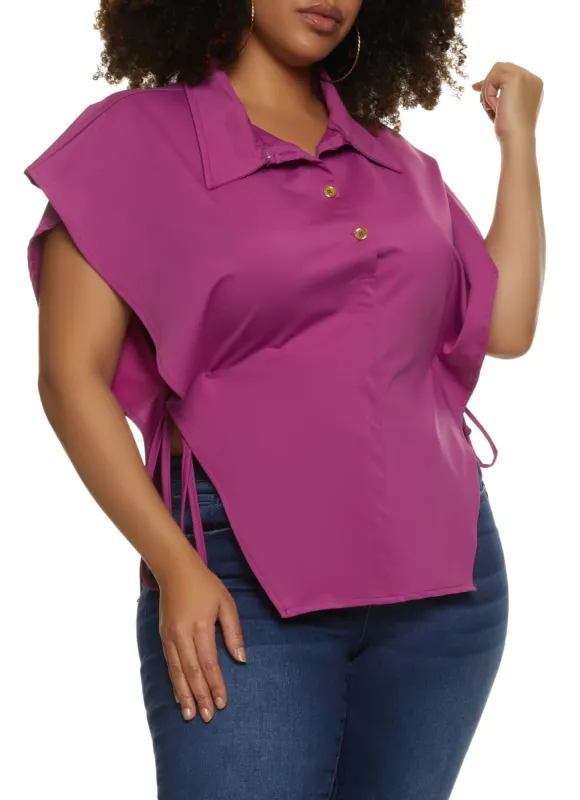 Plus Size Open Tie Side Half Button Top sold by Rainbow
