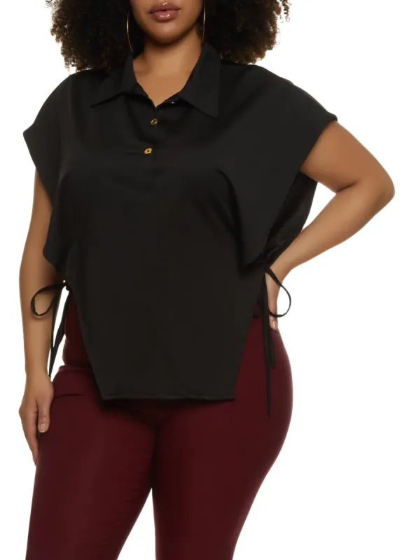 Plus Size Open Tie Side Half Button Top sold by Rainbow