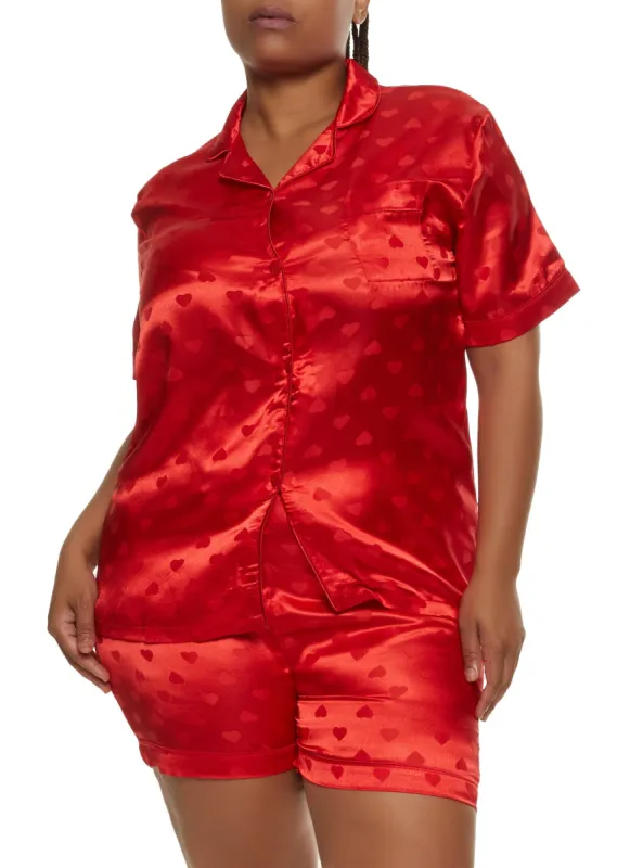 Plus Size Satin Heart Print Notch Collar Pajama Shirt and Shorts sold by Rainbow