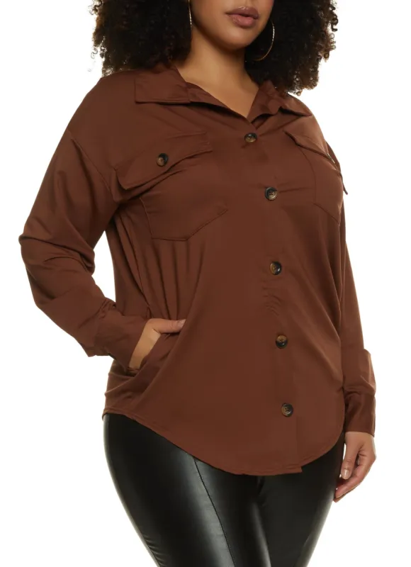 Plus Size Button Front Pocket Tunic Shirt sold by Rainbow
