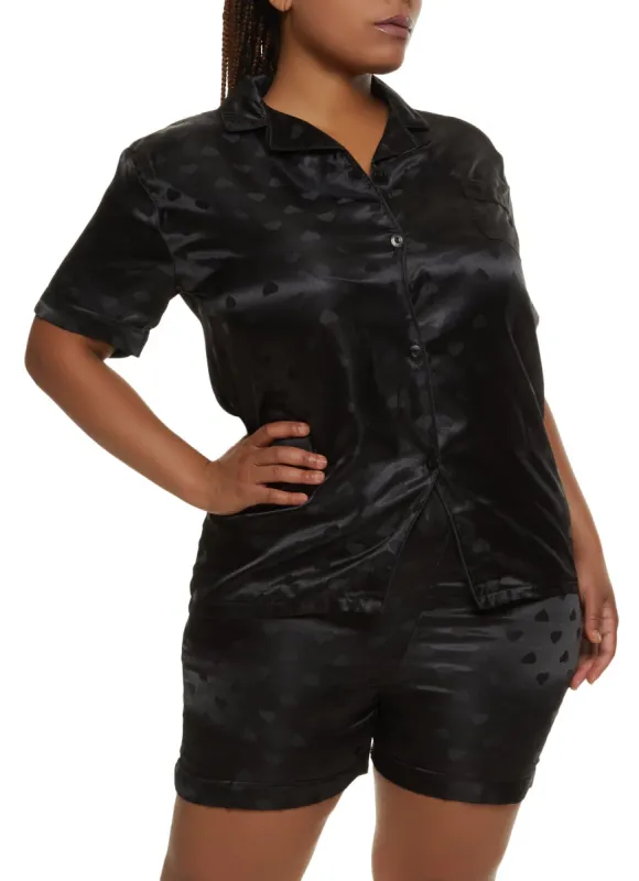 Plus Size Satin Heart Print Notch Collar Pajama Shirt and Shorts sold by Rainbow