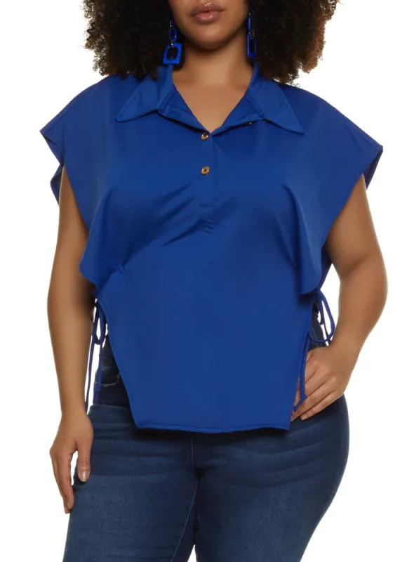 Plus Size Open Tie Side Half Button Top sold by Rainbow