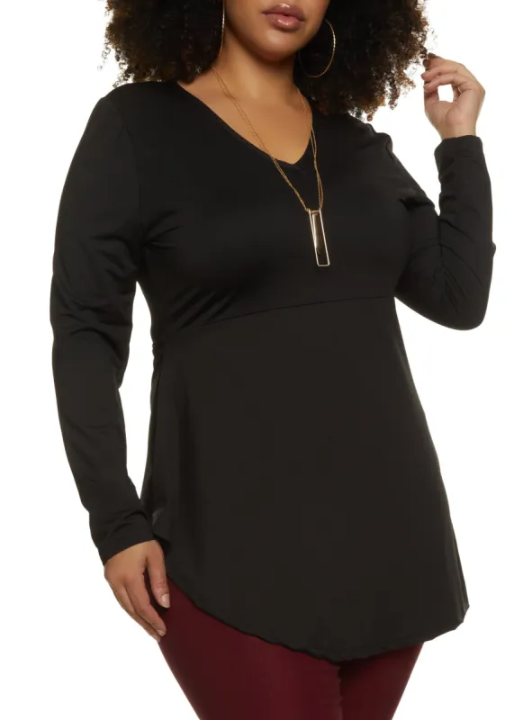 Plus Size Crepe Knit Long Sleeve Peplum Top with Necklace sold by Rainbow