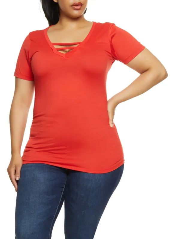 Plus Size Ruched Caged V Neck Tee sold by Rainbow