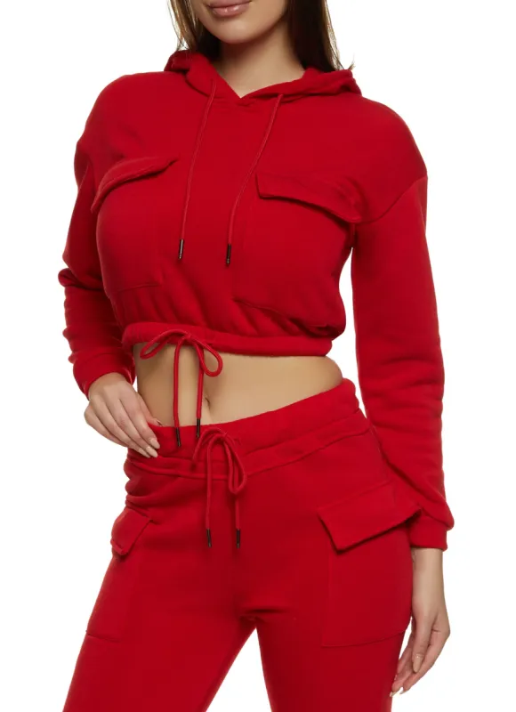 Cargo Pocket Cropped Drawstring Waist Hoodie sold by Rainbow