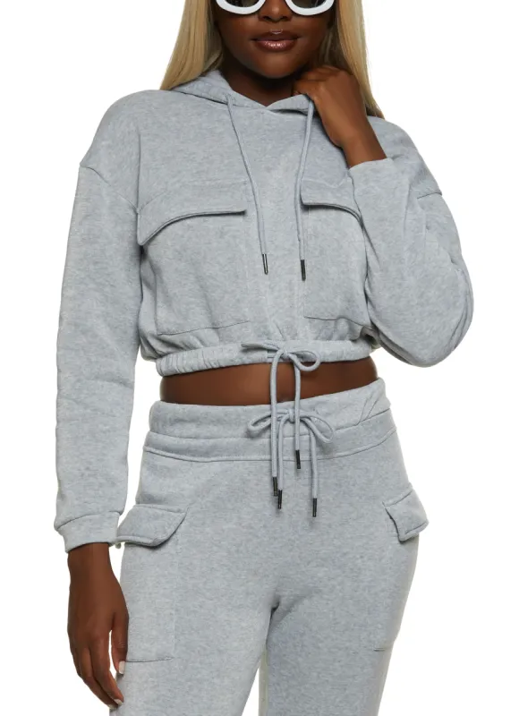 Cargo Pocket Cropped Drawstring Waist Hoodie sold by Rainbow