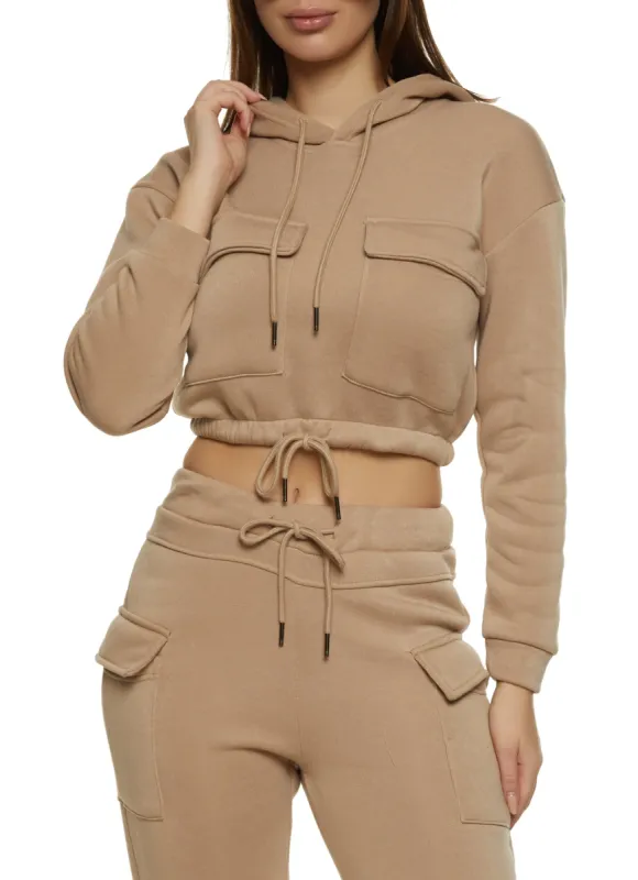 Cargo Pocket Cropped Drawstring Waist Hoodie sold by Rainbow