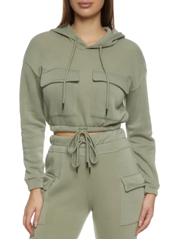 Cargo Pocket Cropped Drawstring Waist Hoodie sold by Rainbow