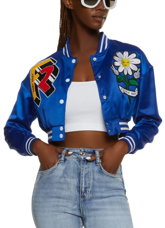 Satin Daisy Patch Cropped Varsity Jacket sold by Rainbow