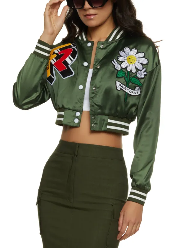 Satin Daisy Patch Cropped Varsity Jacket sold by Rainbow