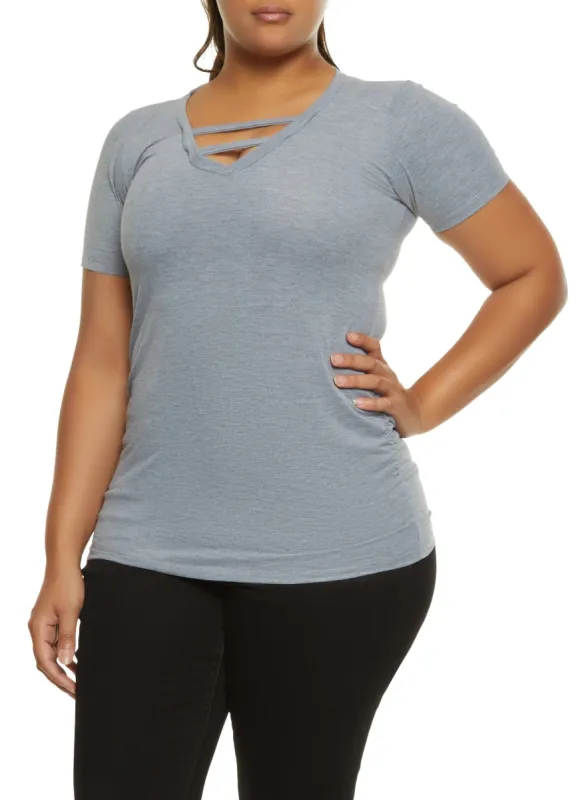 Plus Size Ruched Caged V Neck Tee sold by Rainbow