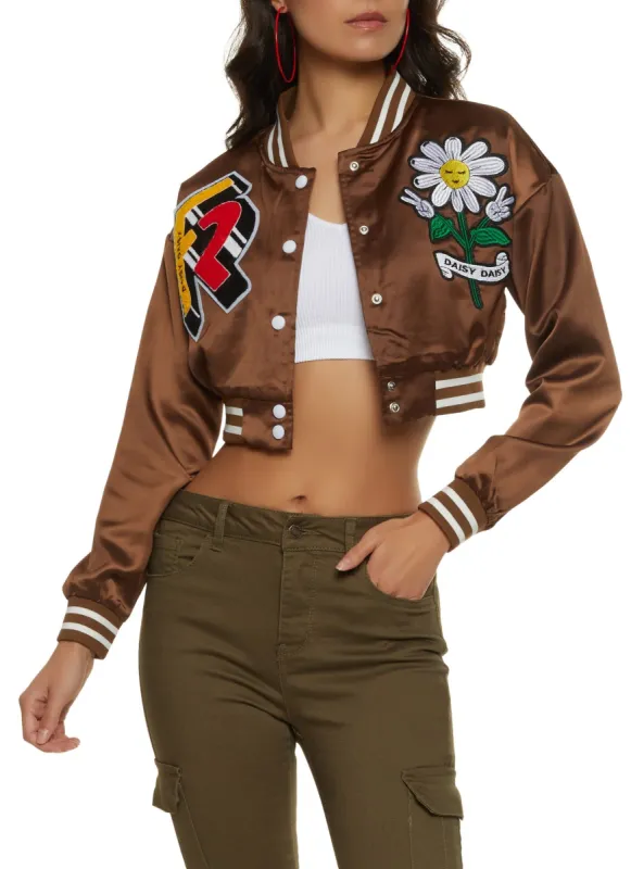 Satin Daisy Patch Cropped Varsity Jacket sold by Rainbow