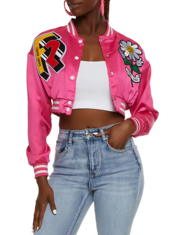 Satin Daisy Patch Cropped Varsity Jacket sold by Rainbow