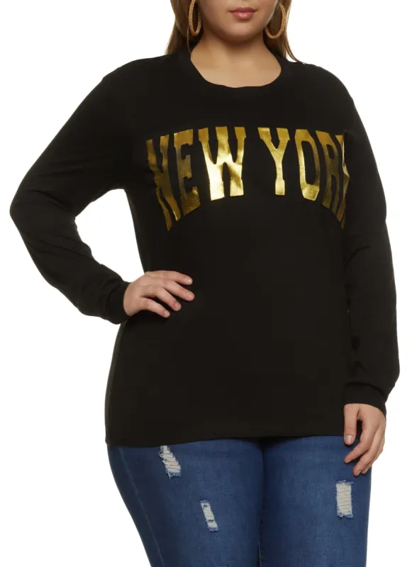 Plus Size Long Sleeve Foil Screen New York Graphic Tee sold by Rainbow