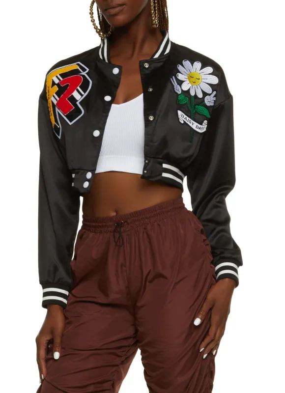 Satin Daisy Patch Cropped Varsity Jacket sold by Rainbow