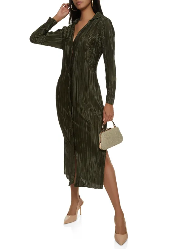 Plisse Button Front Maxi Shirt Dress sold by Rainbow