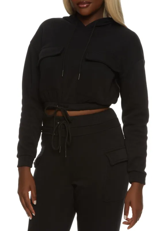 Cargo Pocket Cropped Drawstring Waist Hoodie sold by Rainbow