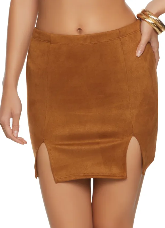 Faux Suede Solid Split Hem Mini Skirt sold by Rainbow