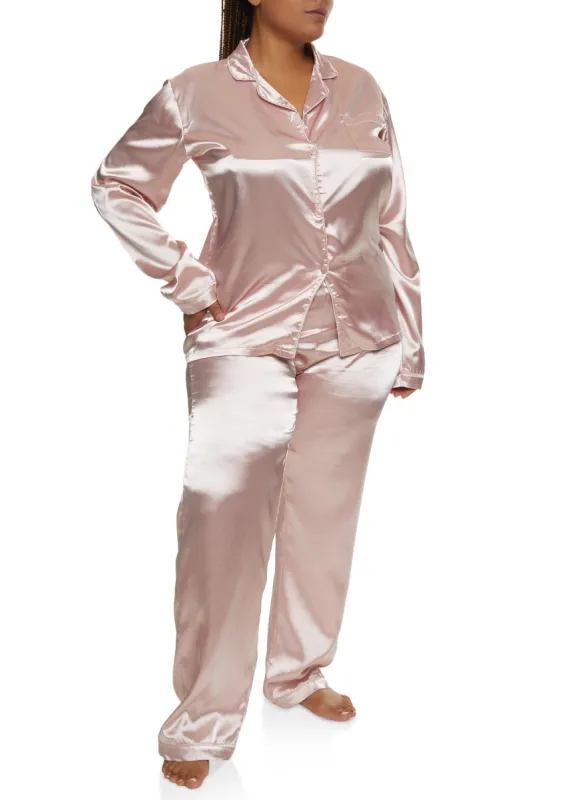 Plus Size Satin Long Sleeve Contrast Trim Pajama Shirt and Pants sold by Rainbow