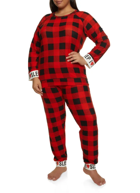 Plus Size Buffalo Plaid Graphic Cuff Holiday Pajama Top and Pants made by Rainbow