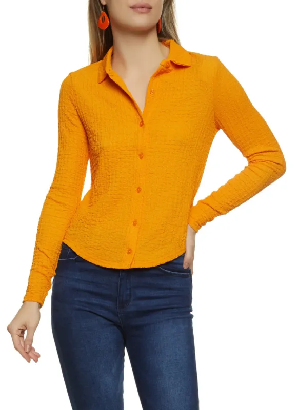 Crepe Knit Button Front Long Sleeve Shirt sold by Rainbow