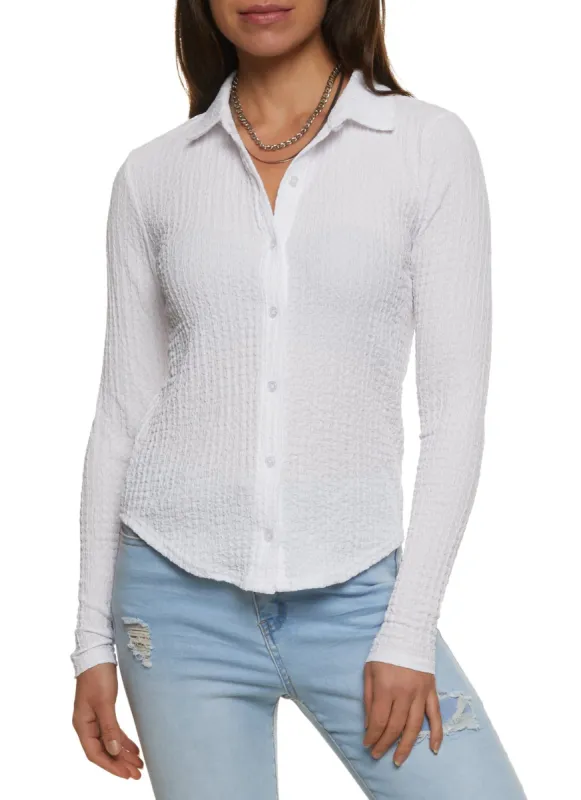 Crepe Knit Button Front Long Sleeve Shirt sold by Rainbow