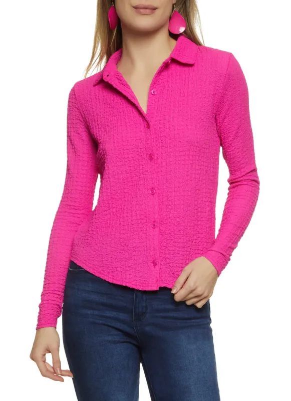 Crepe Knit Button Front Long Sleeve Shirt sold by Rainbow